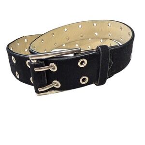 Womens Black Suede Y2K Belt Double Prong Wide Buckle Grommet M L Goth‎ Rocker